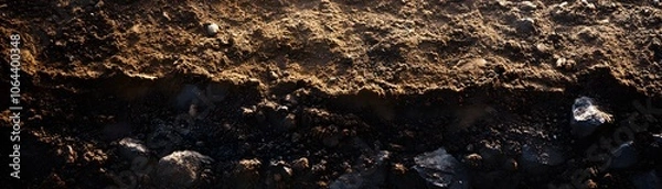 Fototapeta Close-up of Dark Soil with Visible Rocks and Sand
