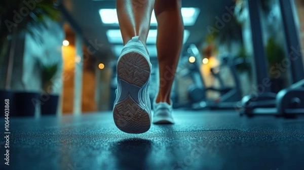 Fototapeta A fitness enthusiast using an elliptical machine in a gym, with detailed focus on their stride and surroundings