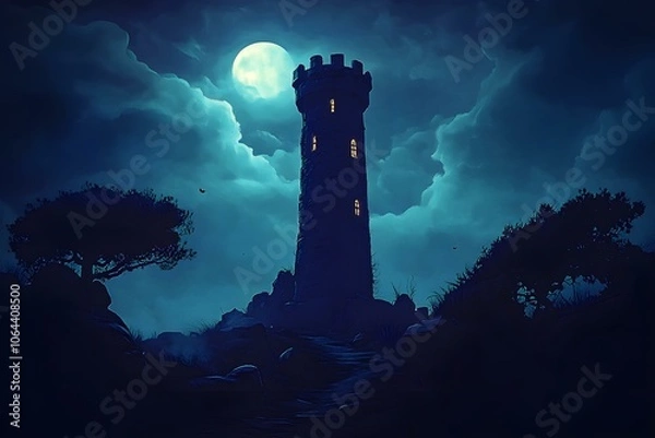 Fototapeta Dark Wizard Tower Looming in the Night Sky