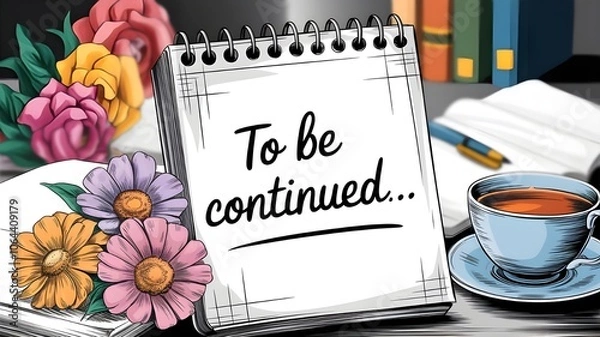 Fototapeta Notebook and Coffee Mug with 'To Be Continued' Message for a Motivational New Year Planning Theme