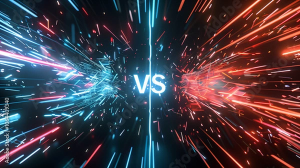 Fototapeta Dynamic red vs blue clash with energy particles and light trails symbolizing competition or conflict