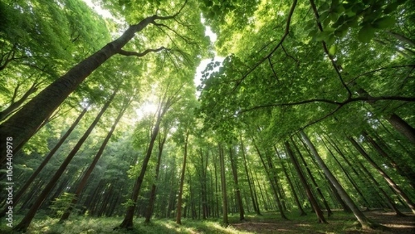 Fototapeta A dense forest canopy with sunlight filtering through the leaves, nature, forest, dense foliage