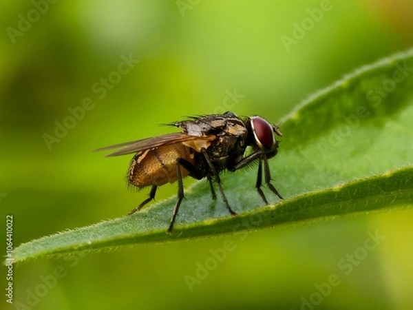Obraz house fly on green leaf with blur background