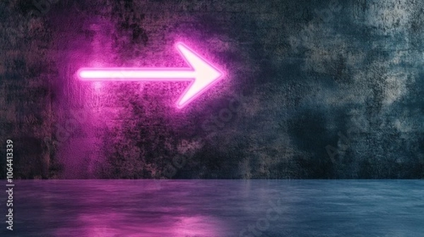 Fototapeta A glowing neon pink arrow sign illuminated against a textured dark wall in a modern setting at night