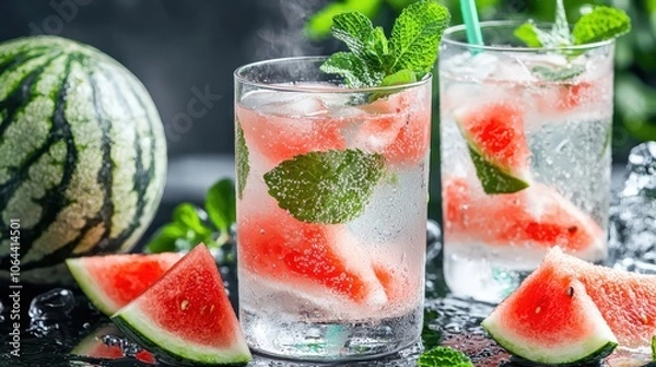 Fototapeta Refreshing Watermelon Mint Summer Drink Recipe