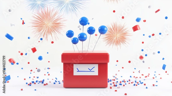 Fototapeta Animated 3D Ballot Box with Fireworks and Confetti in Red, White, and Blue