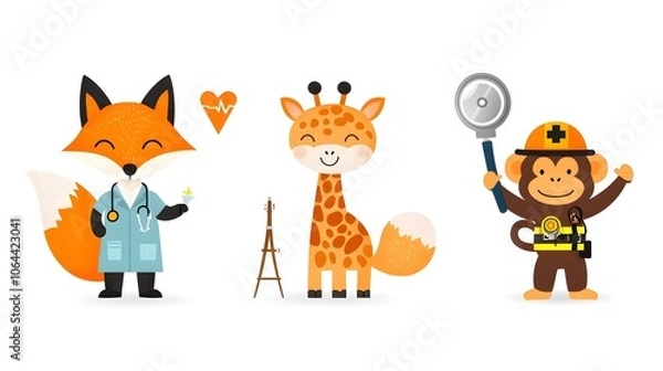 Fototapeta of anthropomorphic animals depicted as professional occupations including a fox in doctor attire a giraffe engineer and a monkey firefighter set against a white background