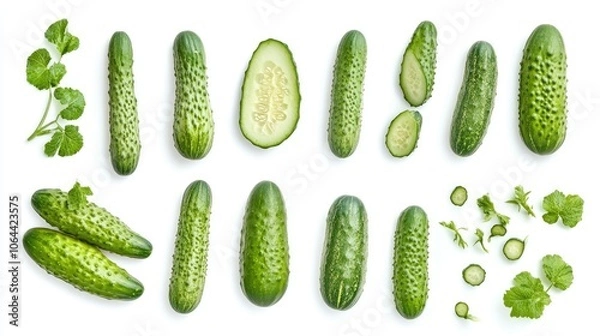 Fototapeta Fresh Cucumbers in Various Cuts and Arrangements