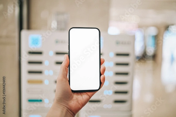 Fototapeta Modern Technology in Action: Hand Holding a Blank Smartphone in a Vending Environment