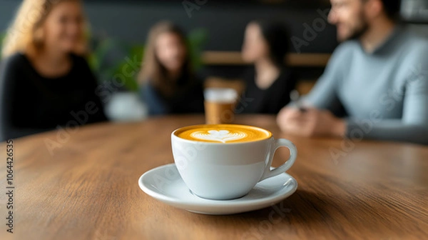 Fototapeta White cup of cappuccino with latte art sits on a wooden cafe table with blurred people talking in background, creating a cozy and social atmosphere