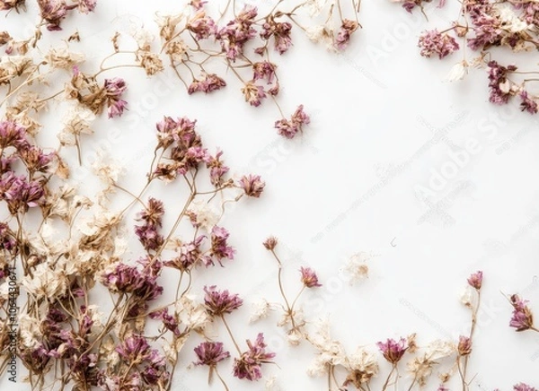 Fototapeta Delicate dried flowers arranged in a frame on a white background.