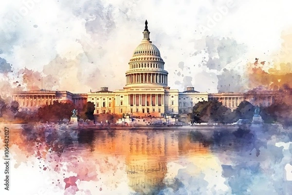 Fototapeta Watercolor sketch or illustration of a beautiful view of the US Capitol building in Washington DC in the USA.