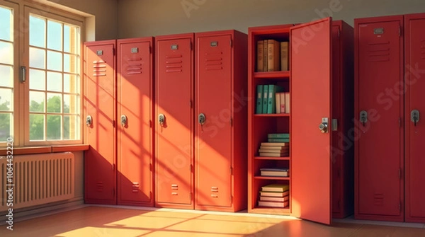 Fototapeta school locker scene, bright red lockers with a playful, colorful interior design