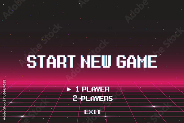 Fototapeta START NEW GAME. press start button .pixel art .8 bit game. retro game. for game assets in vector illustrations. Retro Futurism Sci-Fi Background. glowing neon grid. and stars from vintage arcade comp.