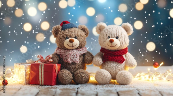 Obraz Adorable teddy bears wearing scarves, surrounded by festive lights and gifts, create warm holiday atmosphere