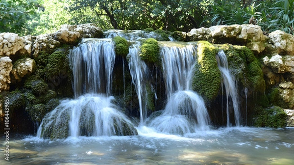 Fototapeta A small waterfall cascades over moss-covered rocks, creating a serene and tranquil scene.