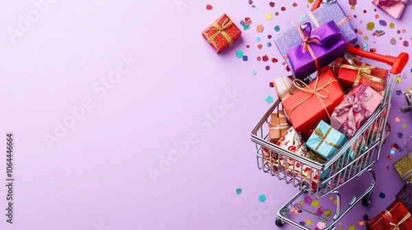 Fototapeta Shopping Cart Filled with Gifts and Confetti on Purple Background