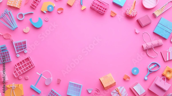 Fototapeta Pink Background with Colorful Shopping Cart and Gift Box Frame