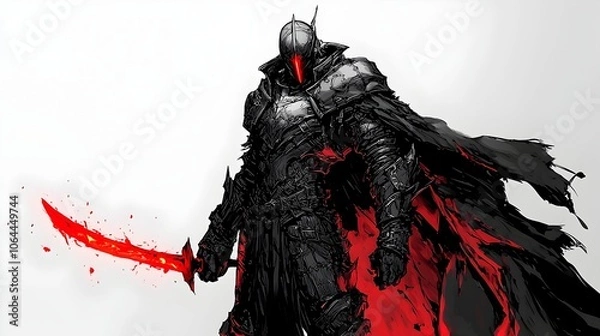 Fototapeta Menacing Shadow Warrior in Gothic Armor Wielding Glowing Red Blade in Minimalist Anime Style