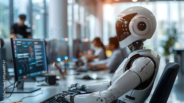 Fototapeta robot works at a computer in an office among people. Call center of the future. The concept of artificial intelligence and people working in the future