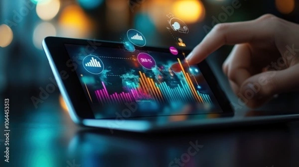 Fototapeta Image of a hand holding a tablet, mobile phone with graphics about a graph that represents business, finance, the increase or decrease of goods or services.