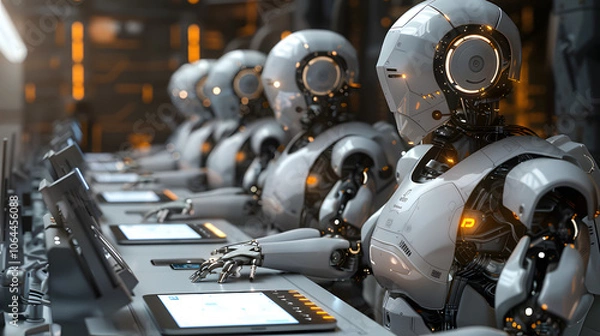 Fototapeta AI Robots Working at Office Desk. Impact of Artificial Intelligence on Employment