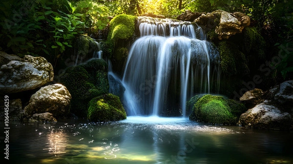 Fototapeta A serene waterfall cascades over mossy rocks into a tranquil pool, sunlight filtering through the lush greenery.