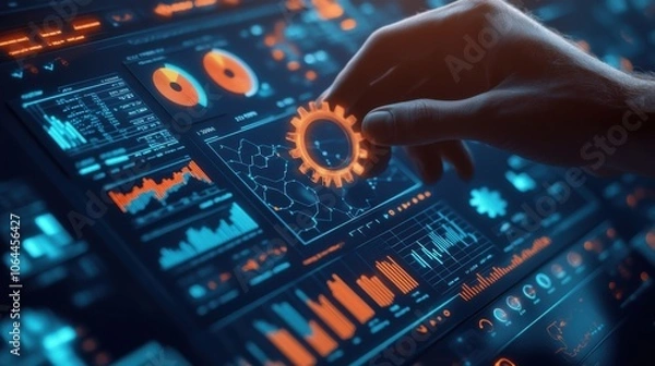 Fototapeta Image of a hand holding a tablet, mobile phone with graphics about a graph that represents business, finance, the increase or decrease of goods or services.