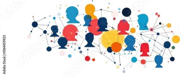 Obraz Abstract network of diverse heads in vibrant colors connecting through lines, representing communication and collaboration.