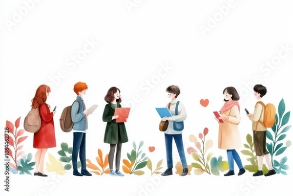 Fototapeta Young people interacting, surrounded by colorful foliage, cheerful and engaged in conversation, white isolated background.