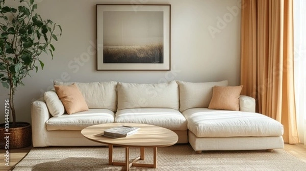 Fototapeta A bright, inviting living space featuring a light beige sofa with a chaise lounge