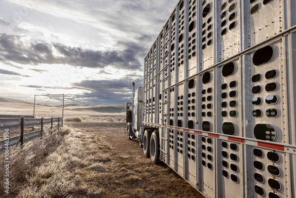 Obraz Livestock carrier ready to load cows and calves to ship off the ranch to a new location