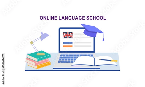 Fototapeta Online language school banner. Concept of digital training foreign languages, distance study