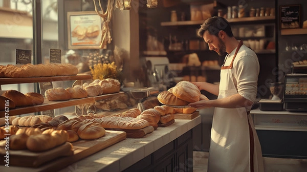 Fototapeta A baker placing warm, freshly baked loaves of bread on shelves in a bakery, with other pastries, a cash register, and a welcoming environment