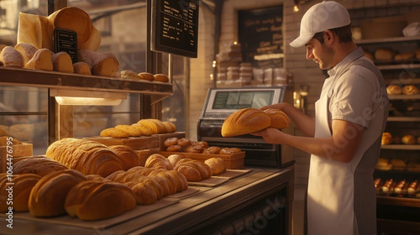 Fototapeta A baker placing warm, freshly baked loaves of bread on shelves in a bakery, with other pastries, a cash register, and a welcoming environment