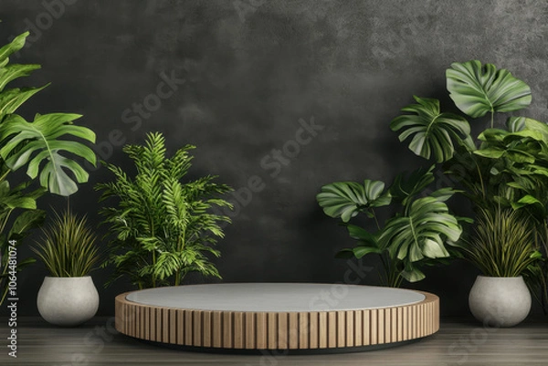 Fototapeta modern platform podium surrounded by lush green plants creates serene atmosphere, perfect for showcasing products or presentations. natural elements enhance aesthetic appeal