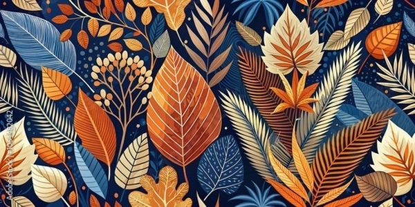 Fototapeta Colorful Abstract Nature Design with Leaves and Patterns in Orange, Navy, and Beige Tones for Modern Artistic Decor