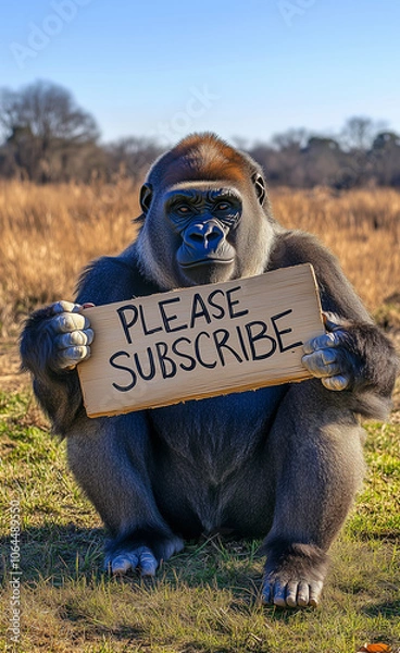 Fototapeta A gorilla holding a board that says please subscribe generated by AI