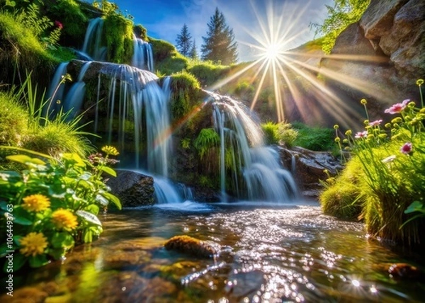 Fototapeta Enchanting Macro Photography of a Small Waterfall in Sunlight