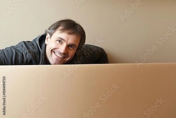 Fototapeta A cheerful man peeks over a large cardboard box, showcasing excitement and joy in a simple yet engaging moment.