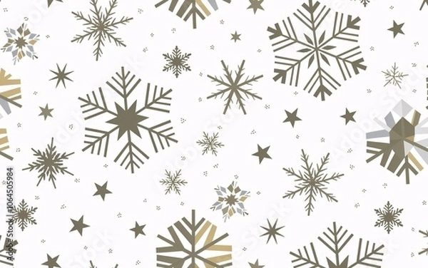 Obraz Seamless pattern of snowflakes and stars in gold and grey on a white background.