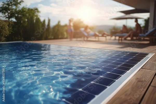 Fototapeta Modern solar powered swimming pool pump with visible solar panels and wooden deck