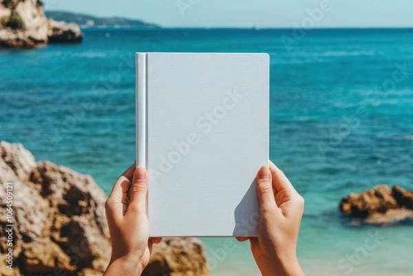 Fototapeta People hands holding a white book mock-up with copy space in front of a beautiful beach