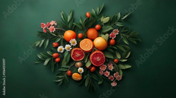 Fototapeta Oranges, flowers and leaves