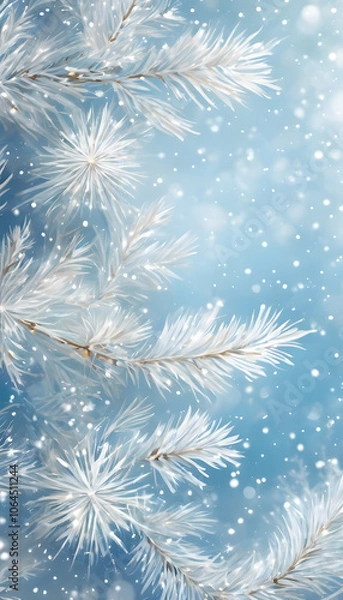 Fototapeta A winter-themed background with snowflakes and pine branches on a blue gradient.