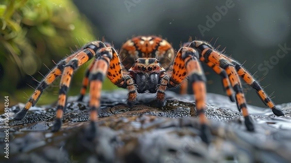 Fototapeta A macro photograph of a black and white jumping spider with orange eyes, taken on a white background