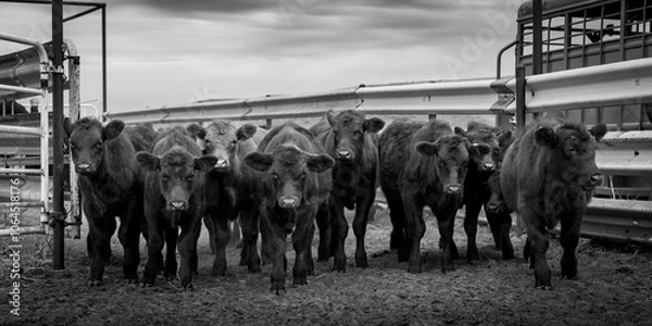 Obraz Herd of calves on ranch preparing to be shipped 