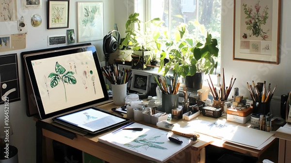 Fototapeta Artist's workspace with a computer, drawing tablet, and art supplies on a wooden desk by a window.