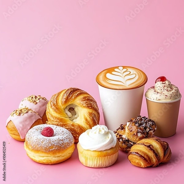 Fototapeta Assortment of colorful pastries with a latte art design, vibrant pink background, isolated with ample room for messaging
