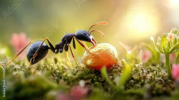 Obraz Close up of determined black ant carrying golden droplet in vibrant garden. ant showcases strength and focus amidst colorful flowers and lush greenery